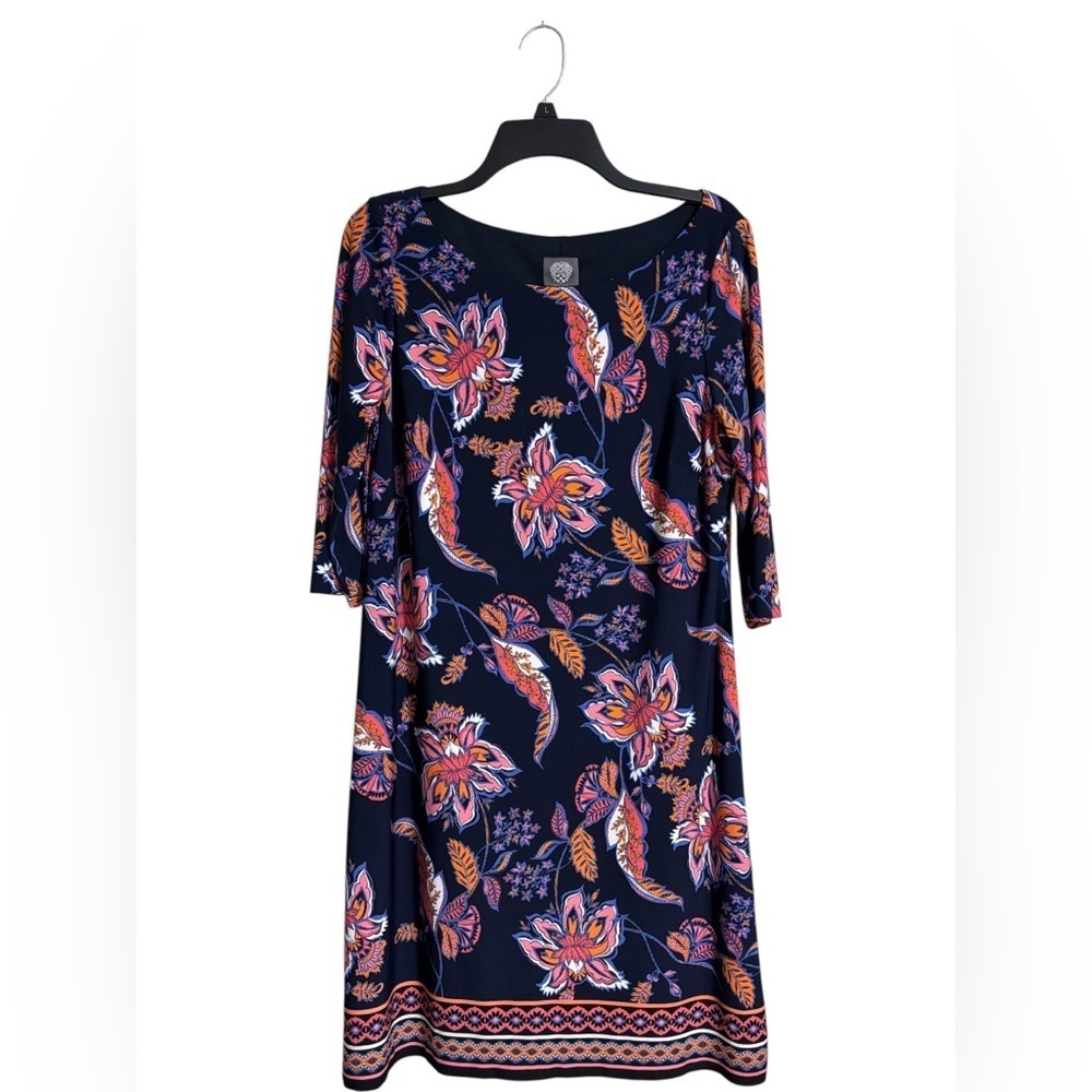Vince Camuto Floral Shift Dress Size 12 Black Pink Navy 3/4 Sleeve Knee-Length